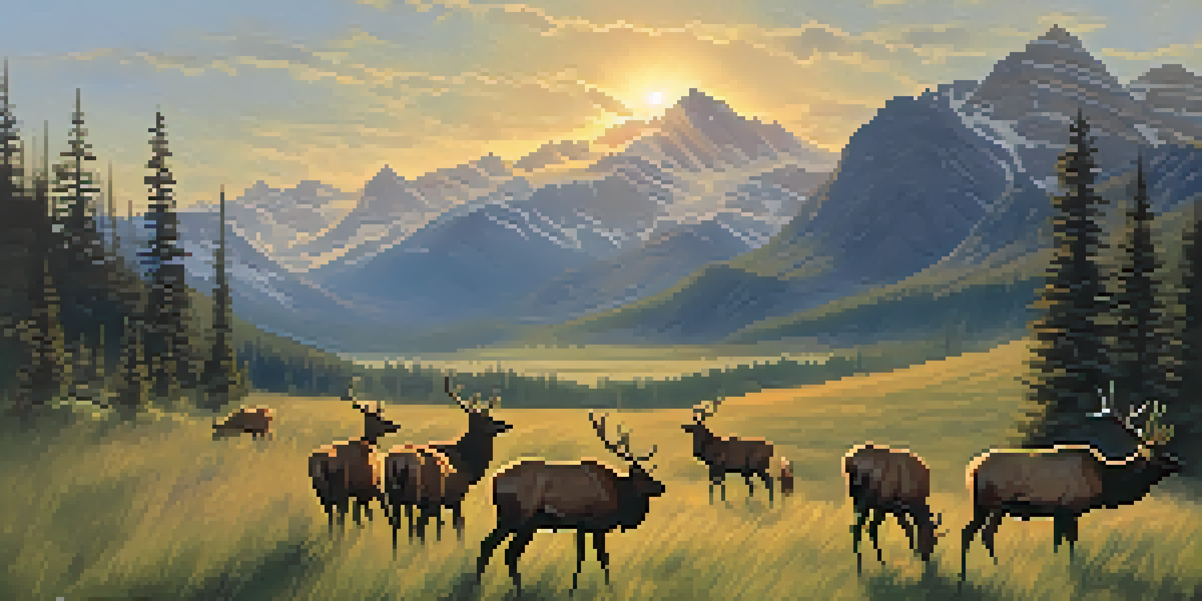 A herd of elk grazing in a green meadow at sunset in Colorado, with mountains and a blue sky in the background.