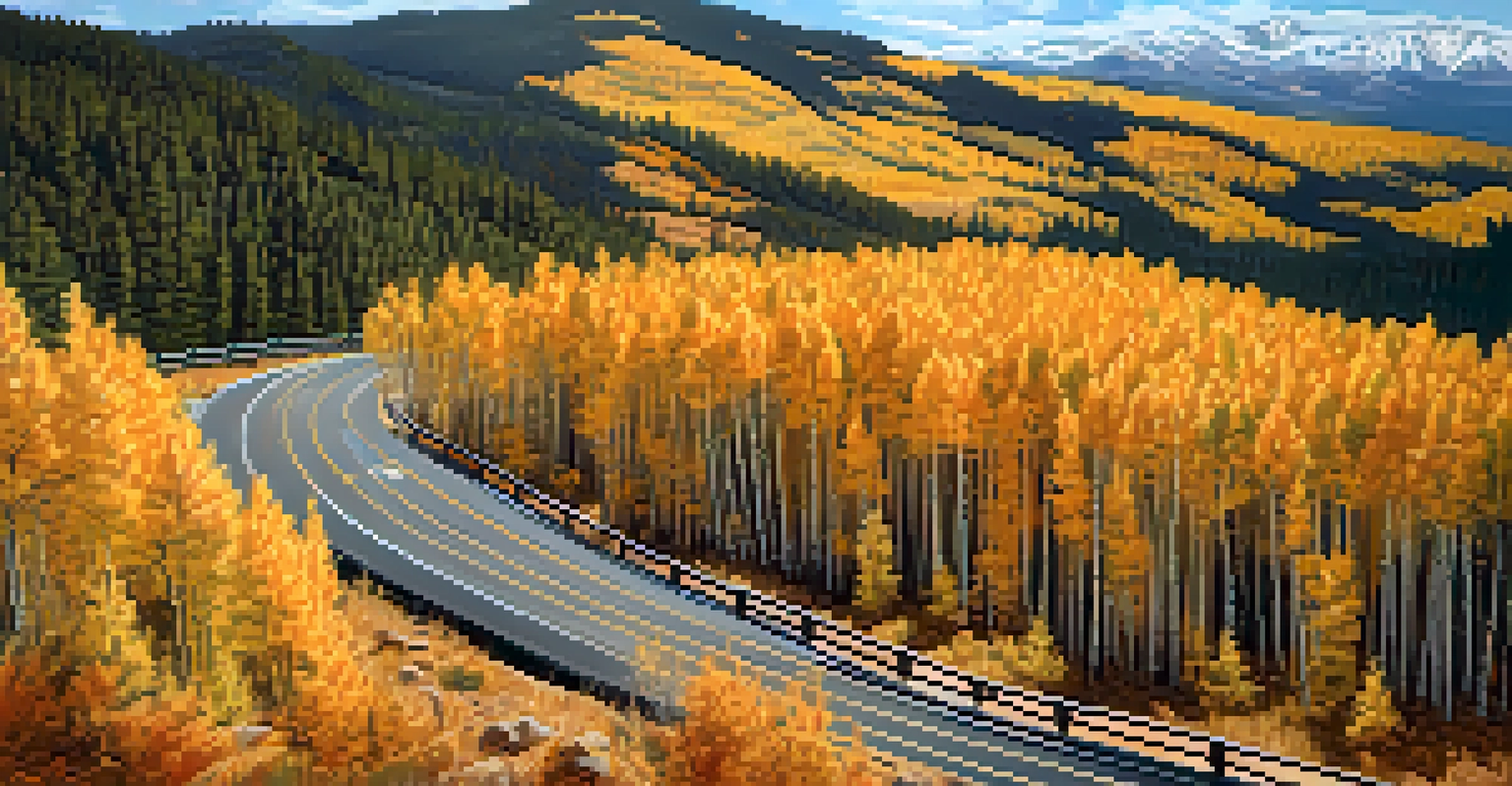 An aerial view of a colorful Colorado mountain pass in autumn with golden aspen trees, a winding road, and distant snowy peaks.