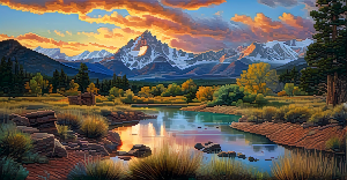 A picturesque view of a Native American ceremonial site in Colorado, with mountains and a colorful sunset, showcasing cultural artifacts.