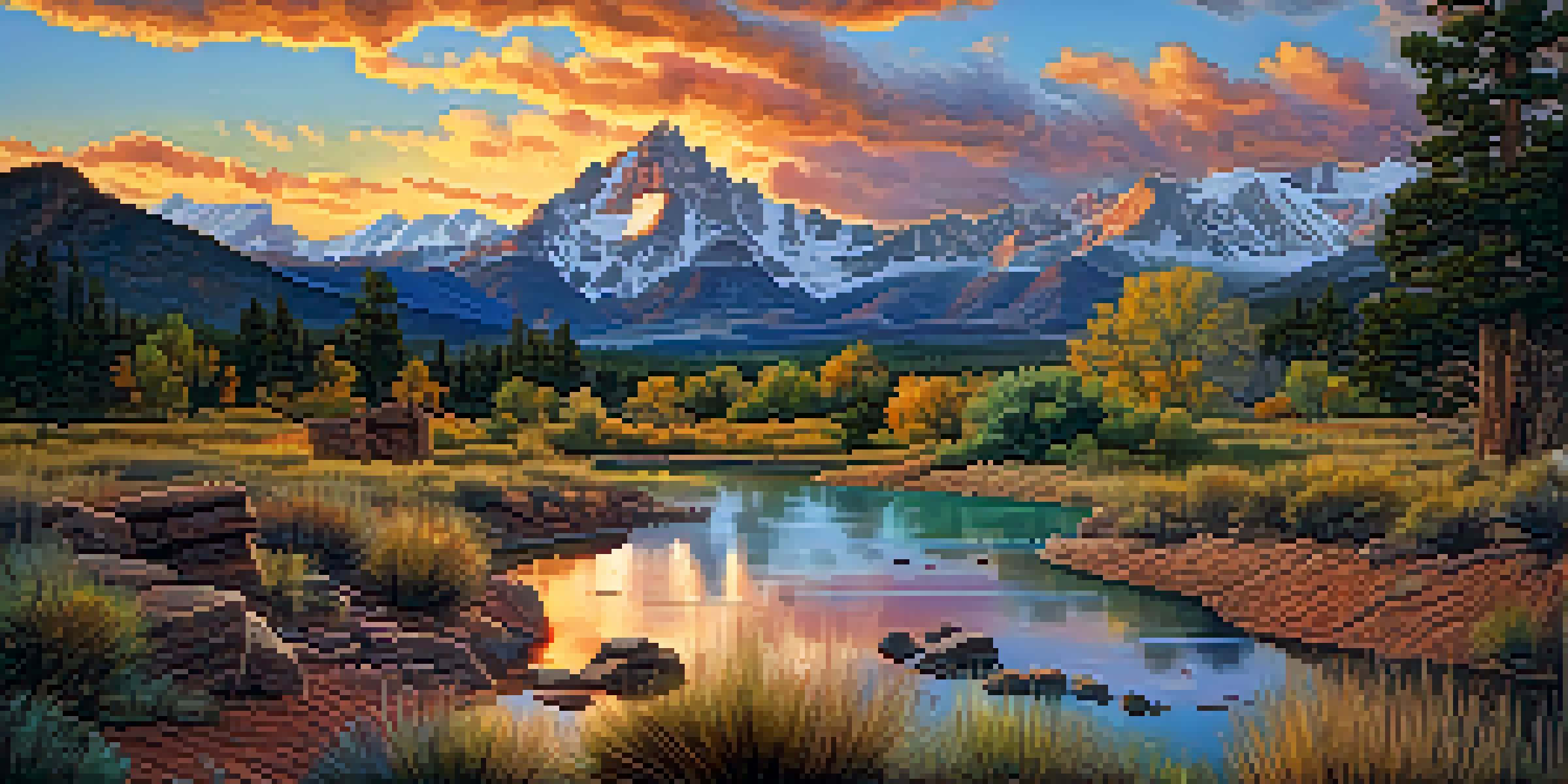 A picturesque view of a Native American ceremonial site in Colorado, with mountains and a colorful sunset, showcasing cultural artifacts.