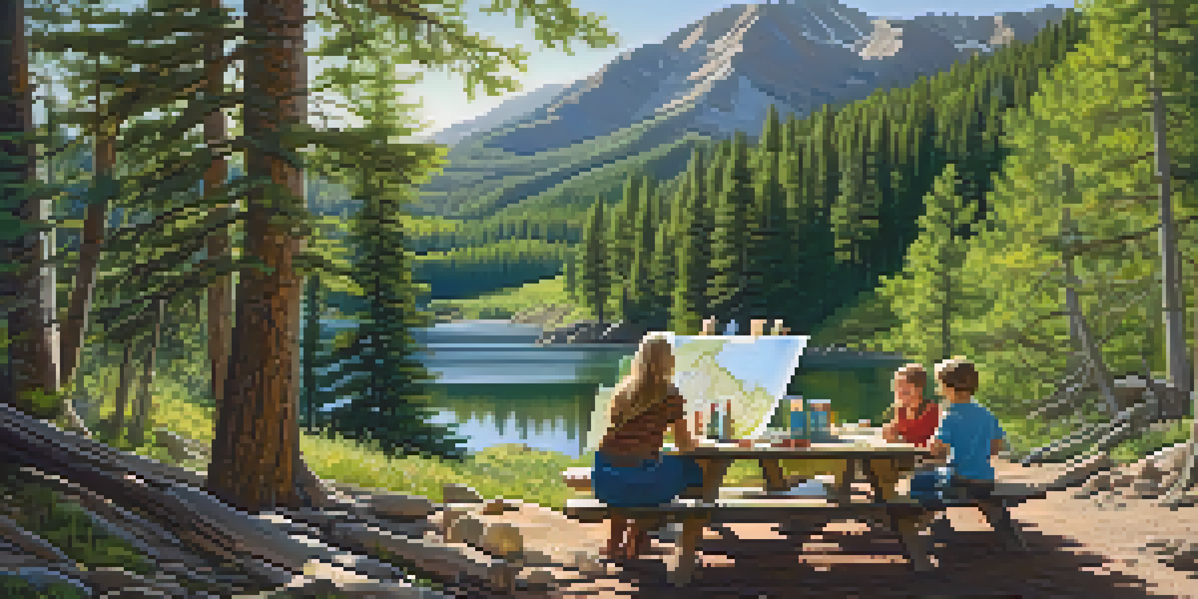 A family in Colorado discussing emergency preparedness with a map on a picnic table in a mountain landscape.