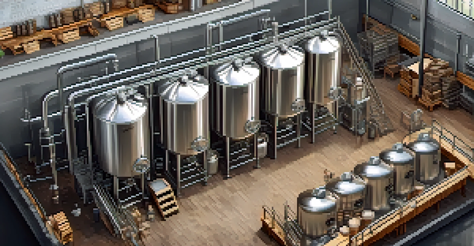An aerial view of brewers working in a craft brewery, with metal fermenters and local ingredients displayed around them.