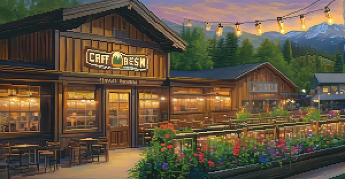 A cozy Colorado brewery with patrons enjoying drinks on a patio, surrounded by greenery and flowers at sunset.