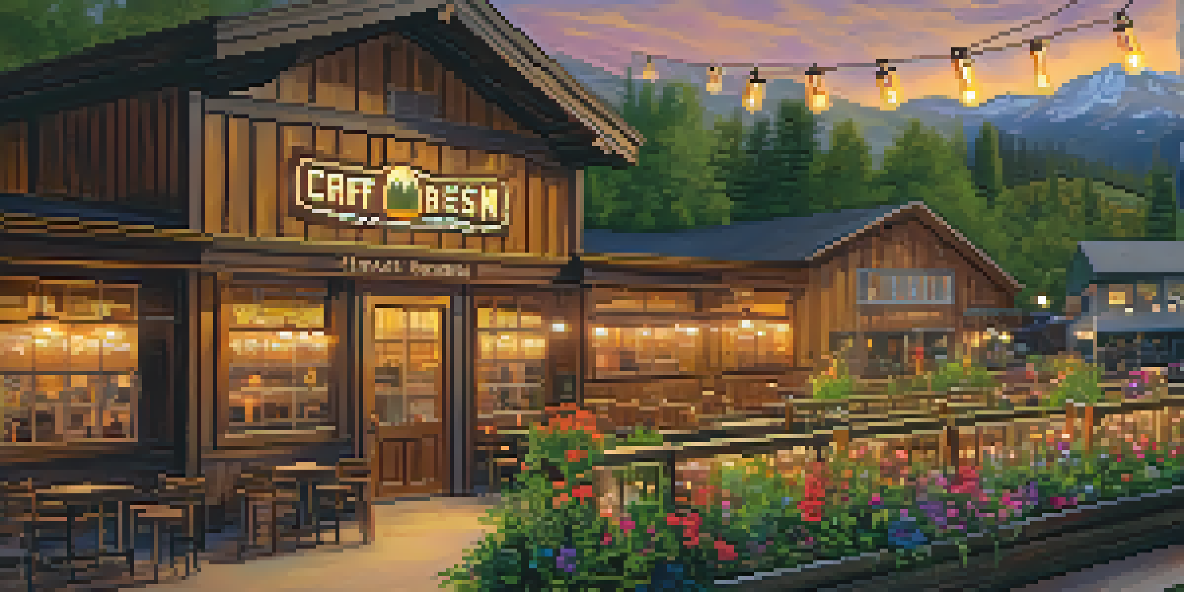 A cozy Colorado brewery with patrons enjoying drinks on a patio, surrounded by greenery and flowers at sunset.