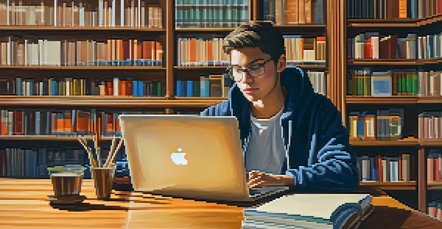 A close-up of a student working on a laptop in a cozy library filled with books, with warm lighting and wooden furniture creating an inviting atmosphere.