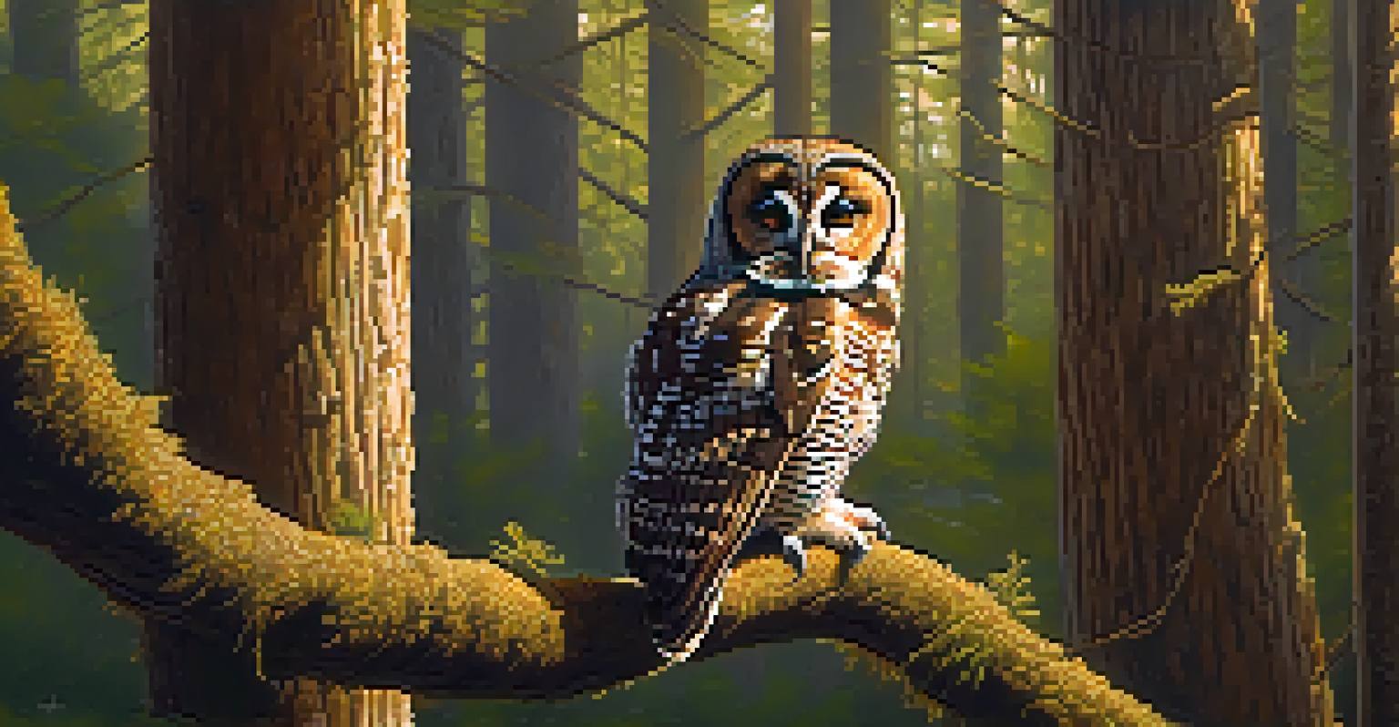 A close-up of a Mexican spotted owl sitting on a branch, showcasing its detailed feathers and surrounded by an old-growth forest.