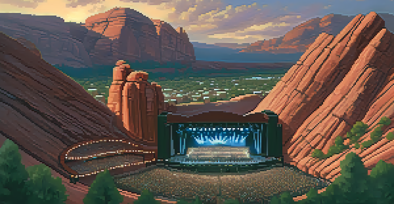 An aerial view of a concert at Red Rocks Amphitheatre, showcasing the audience and colorful stage lights amidst the natural rock formations.