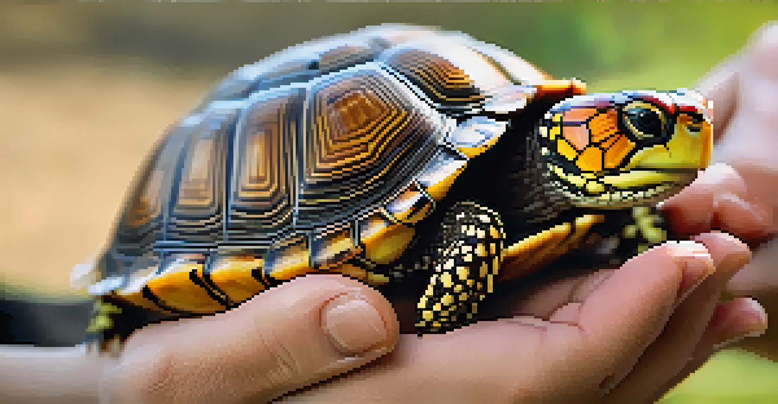 A close-up of a Western Box Turtle being examined by a wildlife rehabilitator, with a focus on its colorful shell.