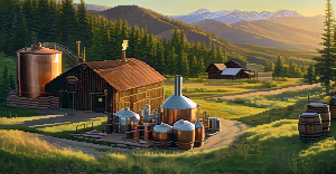 A rustic distillery in Colorado with copper equipment and barrels, surrounded by mountains and flowers during sunset.