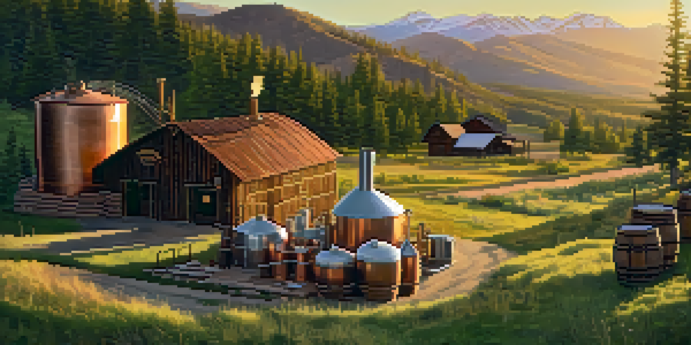 A rustic distillery in Colorado with copper equipment and barrels, surrounded by mountains and flowers during sunset.