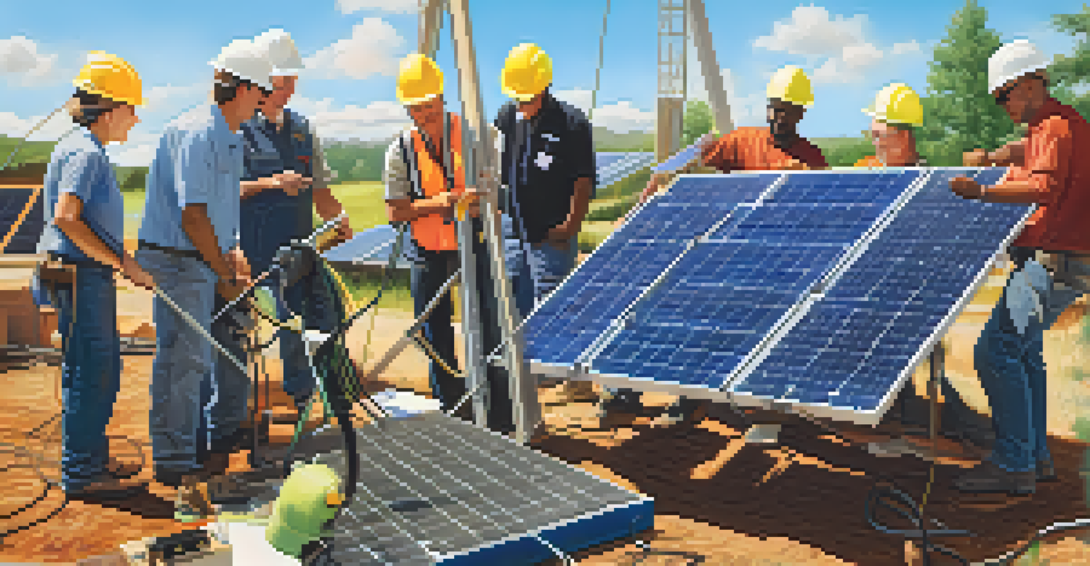 A diverse group of people collaborating on a renewable energy project, installing solar panels on a community center in a sunny environment.