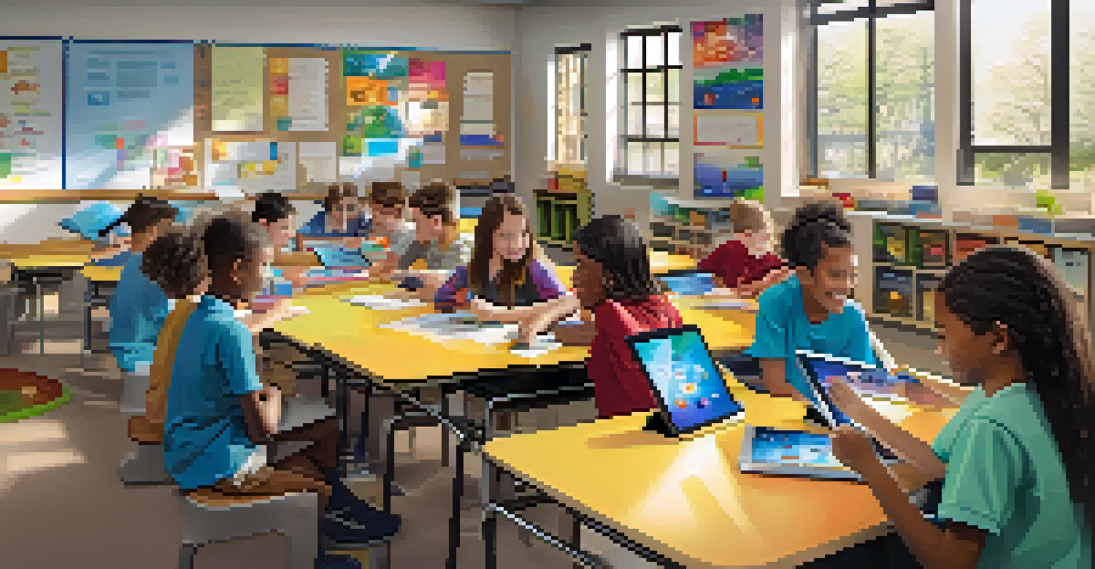 A classroom filled with enthusiastic students using tablets, collaborating on a project, with bright natural light and educational posters in the background.