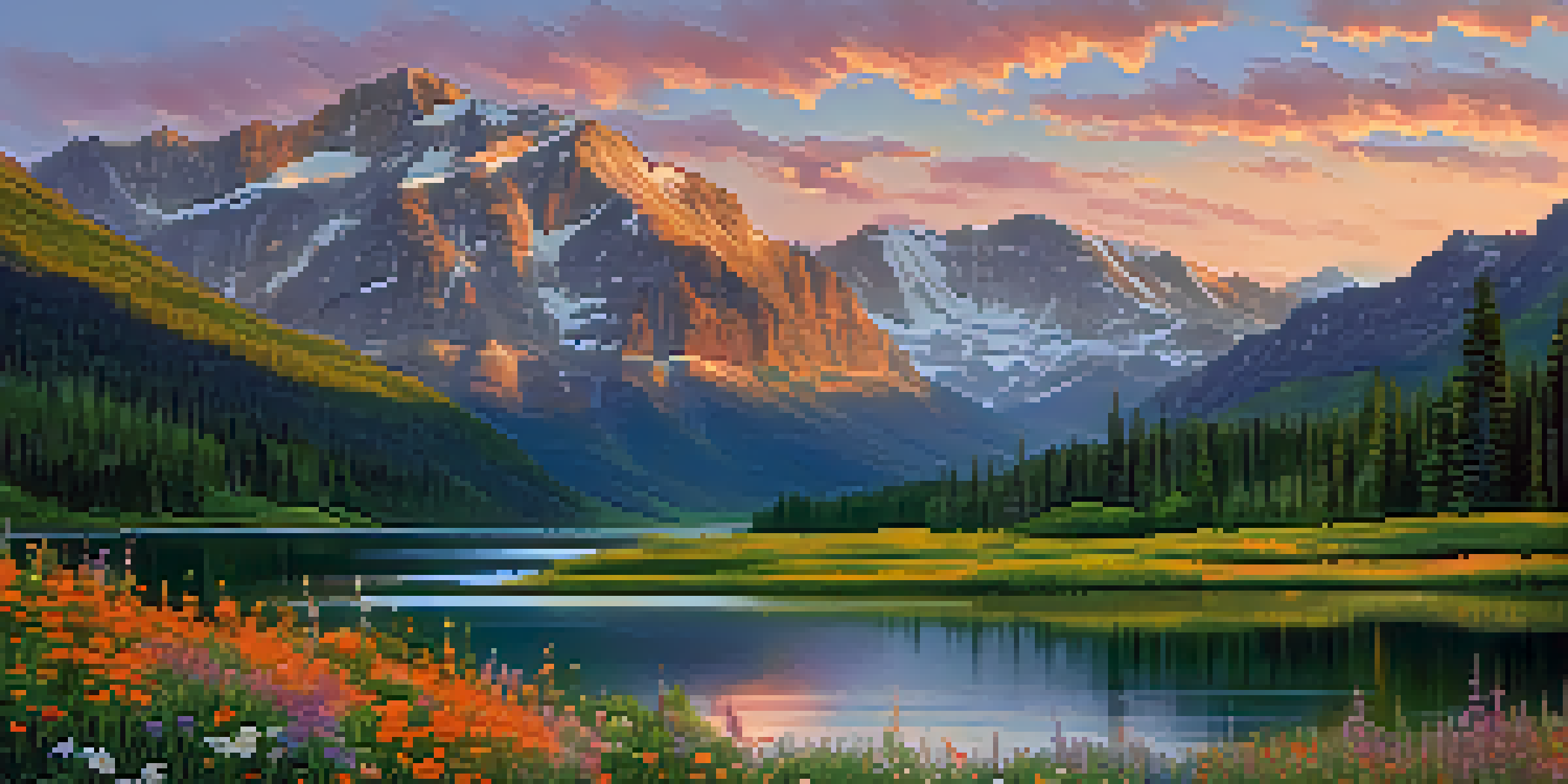 A scenic view of the Colorado Rocky Mountains at sunrise with colorful skies, snow-capped peaks, and a green valley filled with wildflowers.
