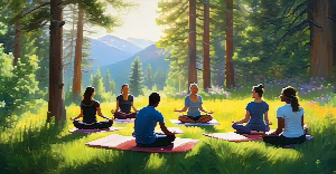 A group of people practicing mindfulness in a green park surrounded by flowers and trees, with sunlight filtering through the leaves.
