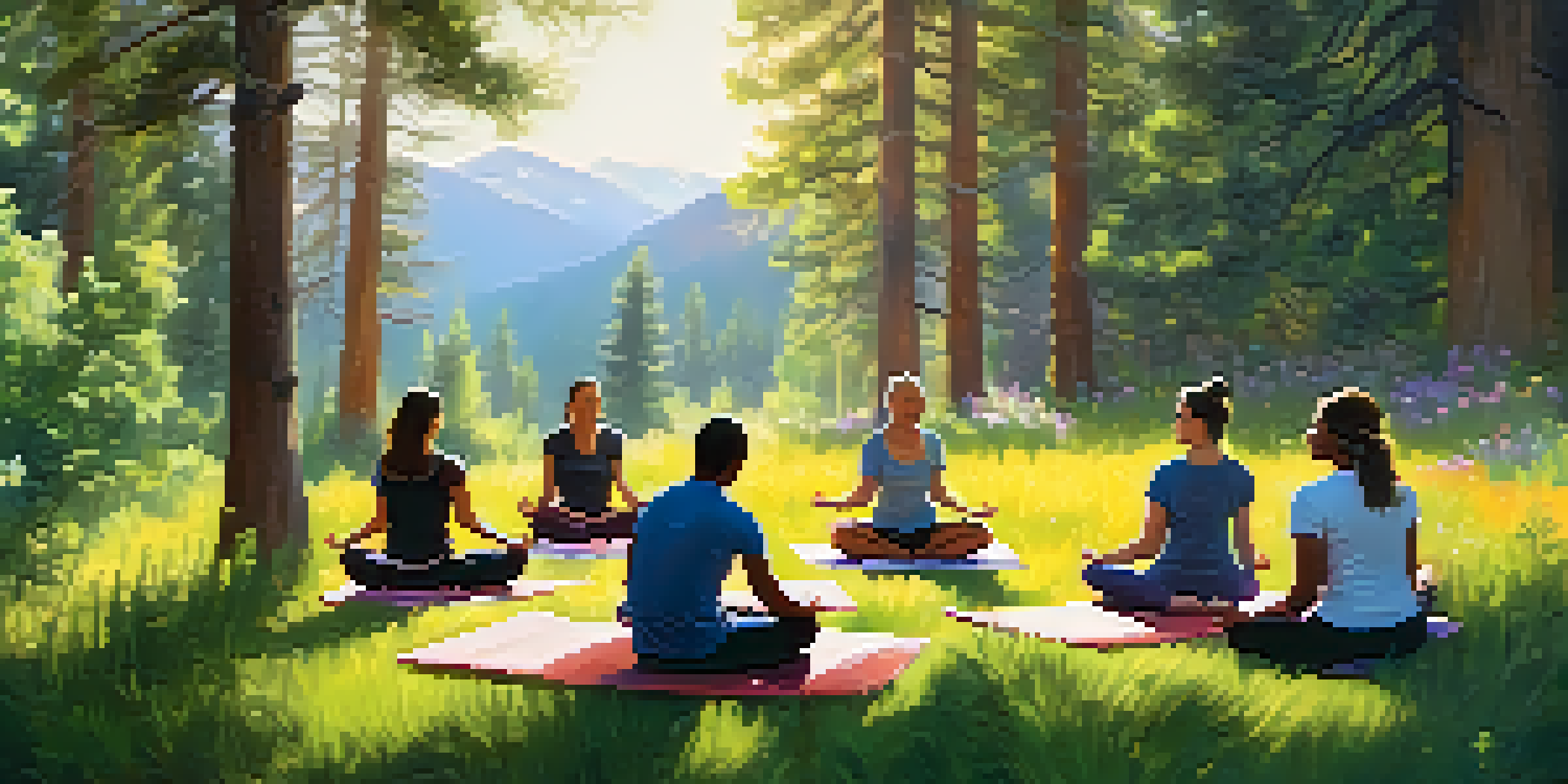 A group of people practicing mindfulness in a green park surrounded by flowers and trees, with sunlight filtering through the leaves.