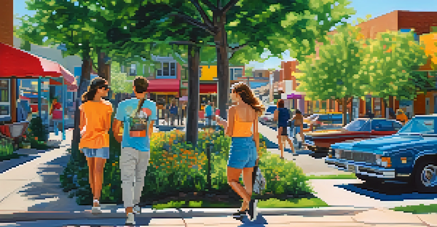A young couple looking at a housing brochure in a lively Denver neighborhood with street art and cafes.