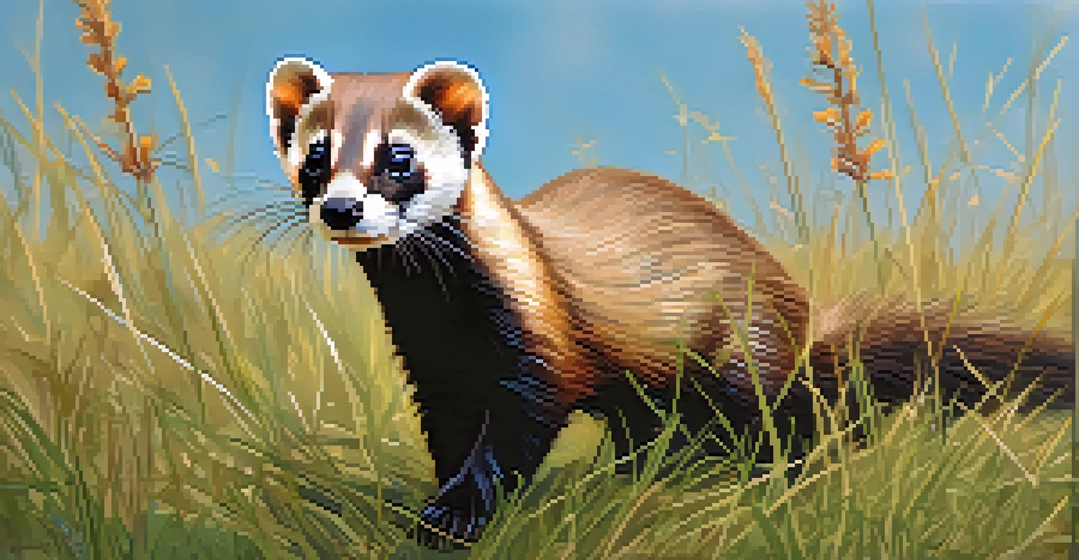 A black-footed ferret peeking through tall grass, showcasing its markings and curious expression.
