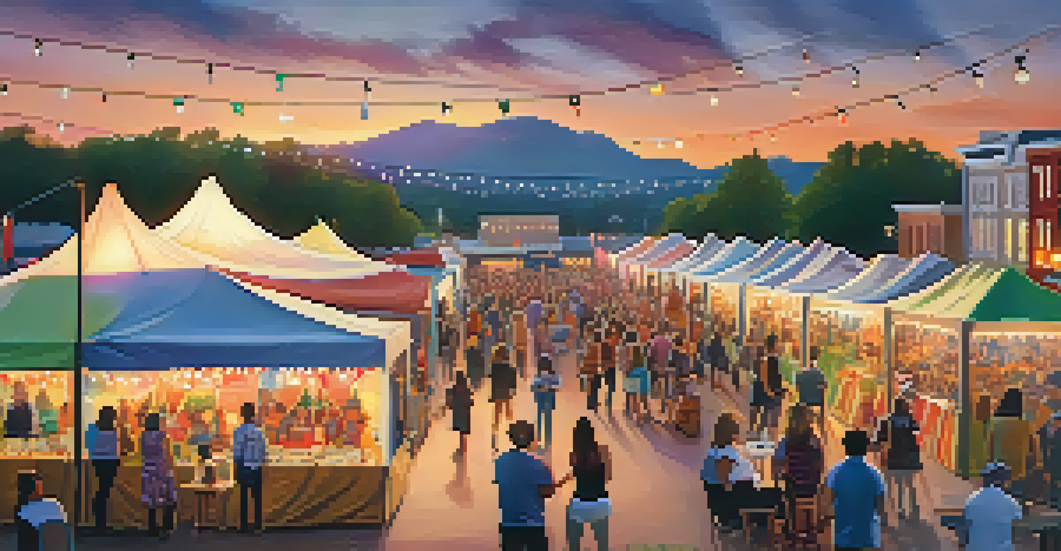 An outdoor community art festival with colorful tents, art displays, and people enjoying performances as the sun sets, creating a warm atmosphere.