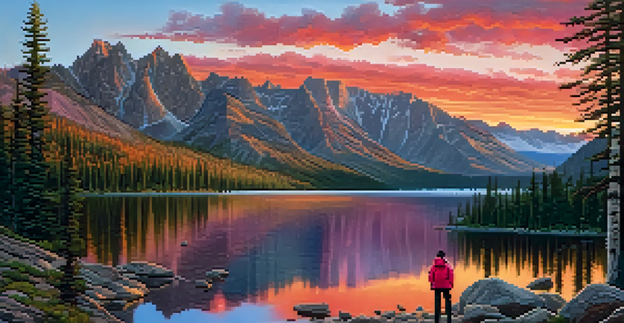 A scenic landscape of the Rocky Mountains at sunrise with a lake in the foreground and a hiker in a red jacket.