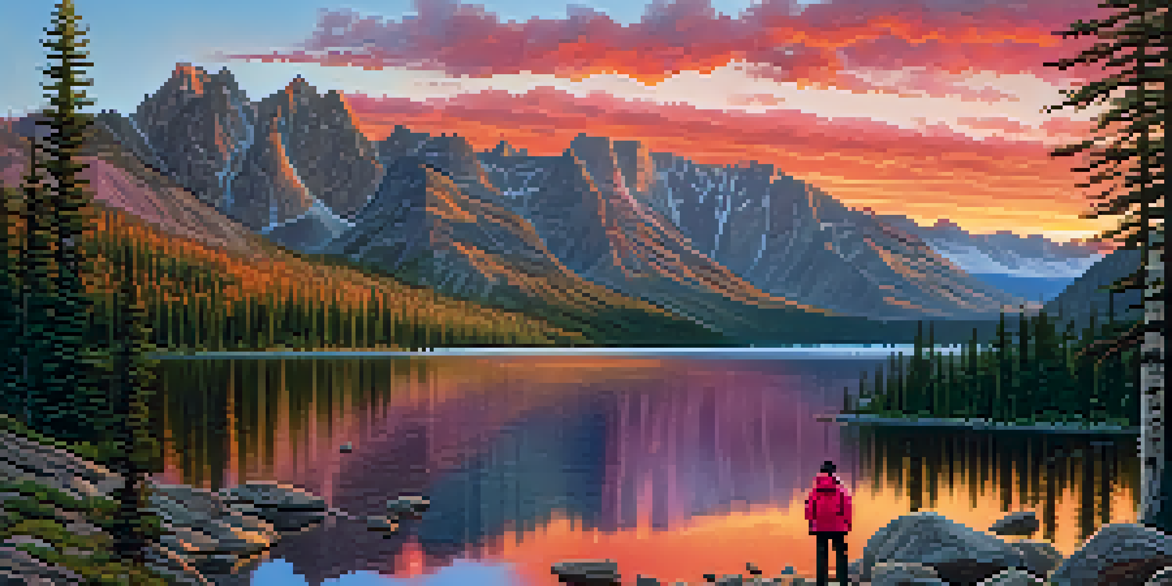 A scenic landscape of the Rocky Mountains at sunrise with a lake in the foreground and a hiker in a red jacket.