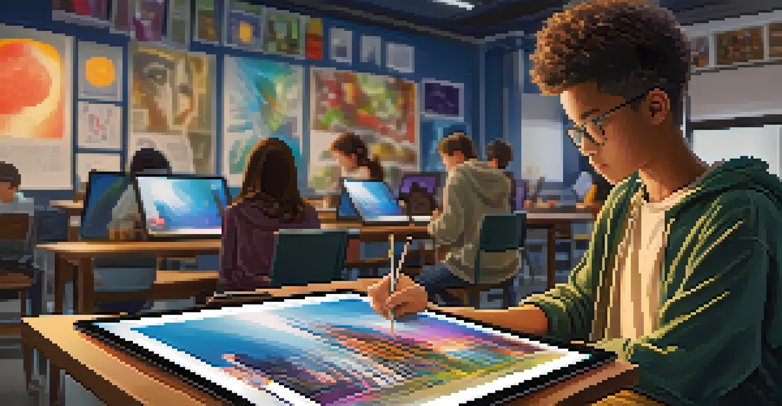 A young artist creating digital art on a tablet in a modern classroom filled with art posters and soft lighting.