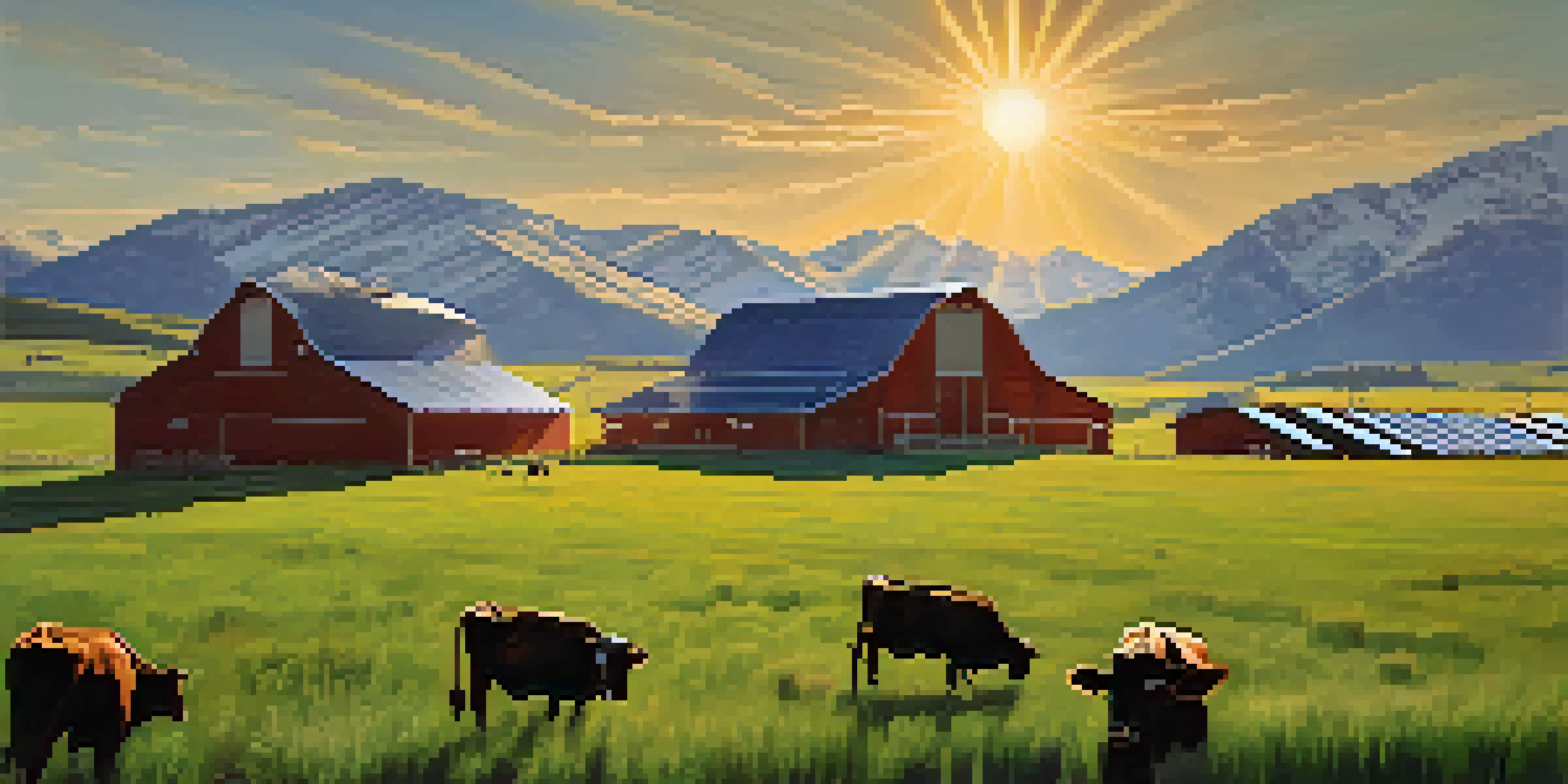 A picturesque Colorado farm featuring solar panels on a barn with green fields and mountains in the background under a bright sun.