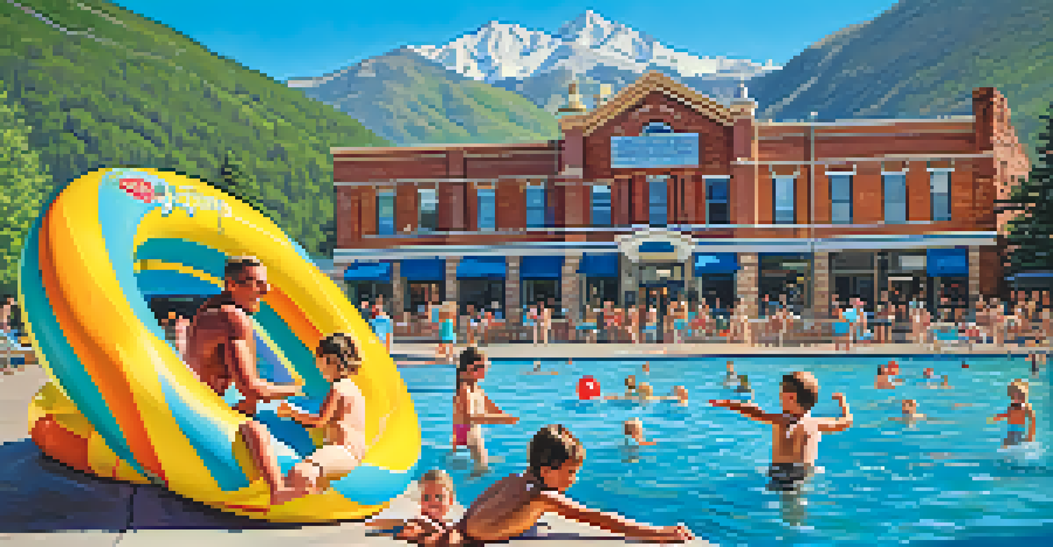 A family at Glenwood Hot Springs with children playing in a large pool, surrounded by historic buildings and mountains.