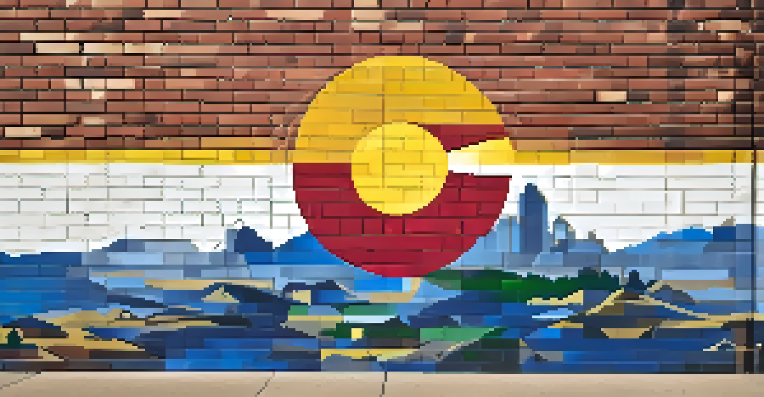 A mural of the Colorado state flag on a brick wall, surrounded by artistic depictions of Colorado's landscape.