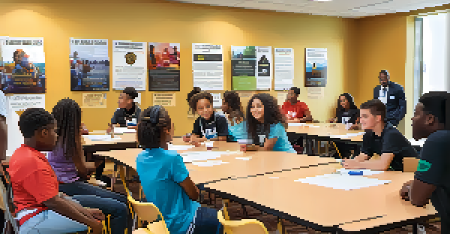 A diverse group of young people participating in a leadership workshop, actively engaging with a mentor in a room decorated with motivational posters.