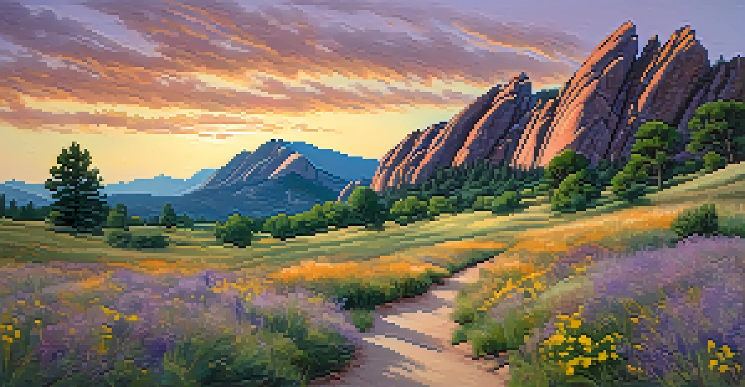 Sunset over the Flatirons in Boulder, Colorado, with hikers on a winding trail and blooming wildflowers.