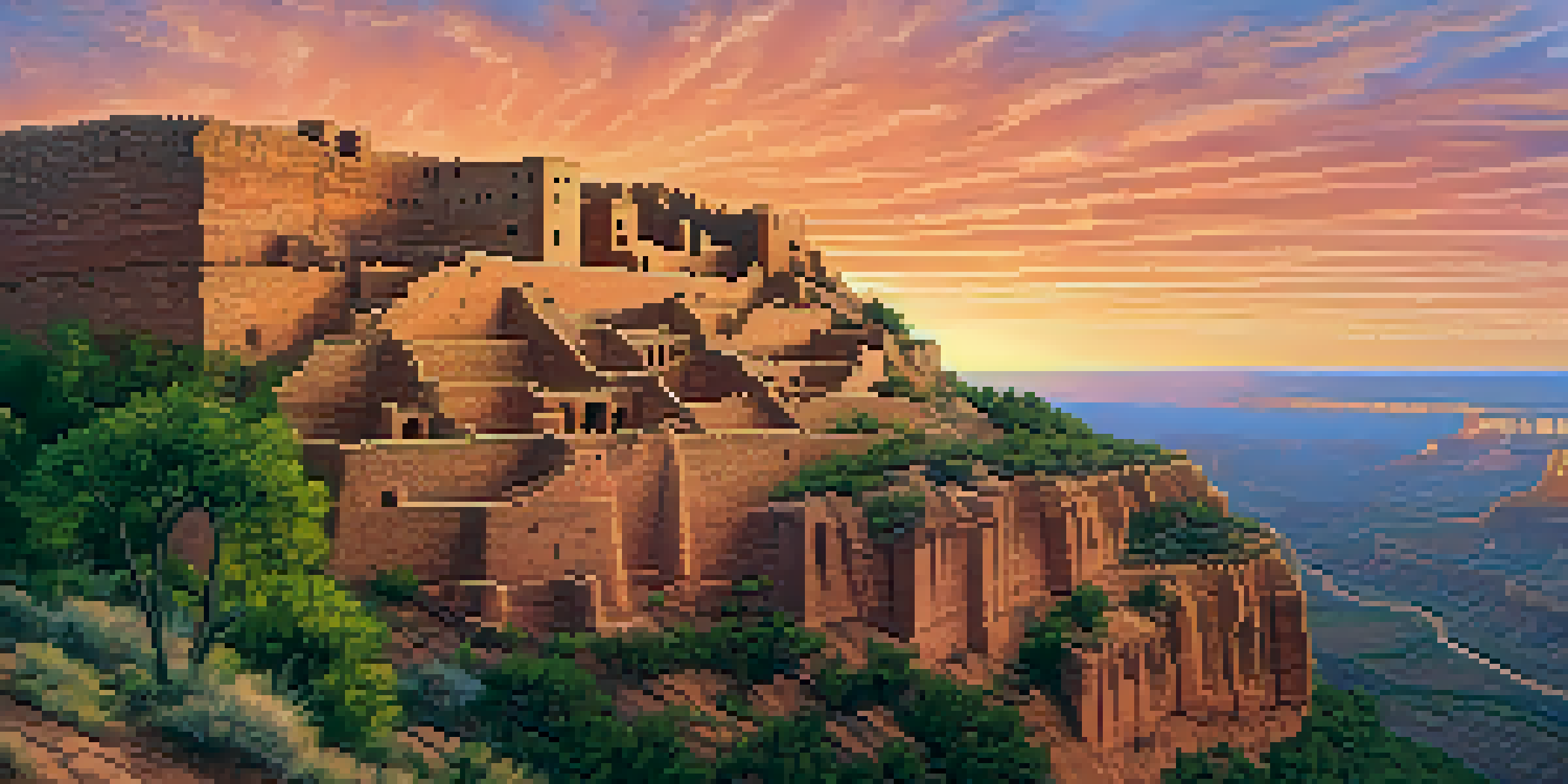 A stunning sunset view of Cliff Palace, highlighting its stone architecture and surrounding nature.