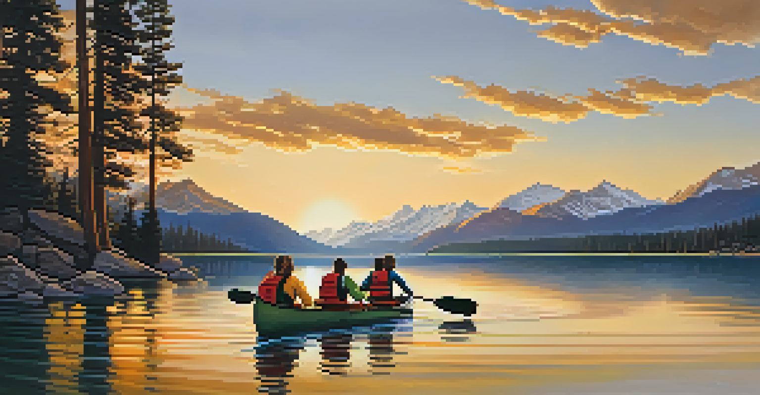 Students canoeing on a lake surrounded by mountains during sunset, wearing life jackets.