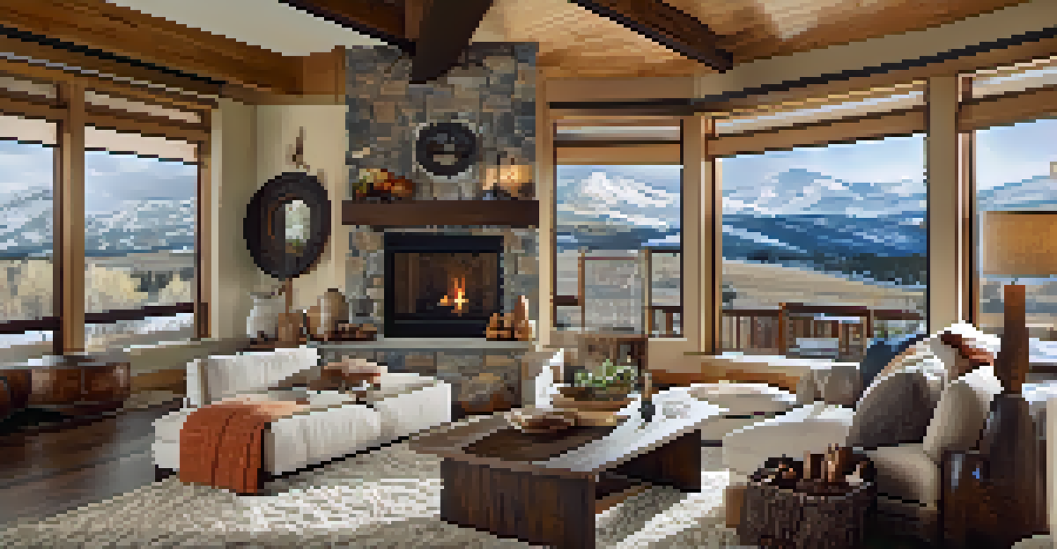 A modern home interior with mountain views, cozy furniture, and local art.