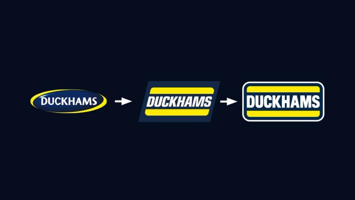 Three versions of the Duckhams logo in sequence, ending with the current yellow-outlined wordmark.