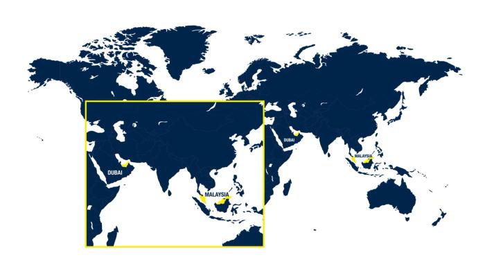 A world map with the Middle East and Asia region outlined in yellow.