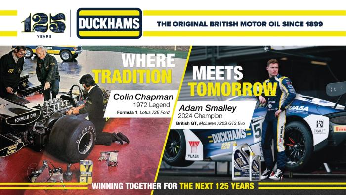 A graphic pairing Colin Chapman's 1972 Lotus with Adam Smalley's 2024 car, headed "Where tradition meets tomorrow".