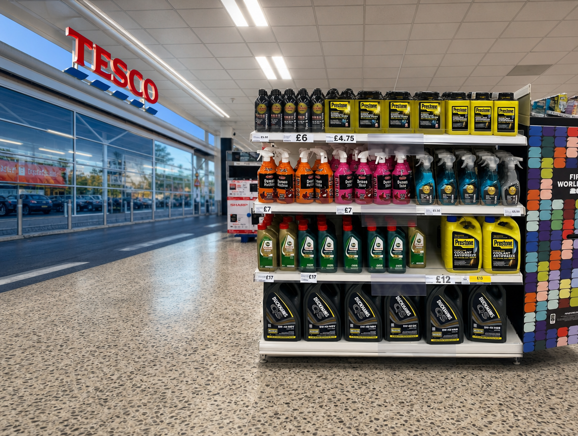 Duckhams QS engine oil on shelf at Tesco