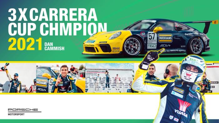 A Porsche Carrera Cup graphic marking three championships, with a yellow Duckhams-liveried 911.