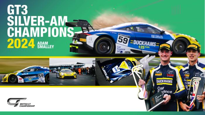 A GT3 Silver-Am Champions 2024 graphic with a Duckhams-liveried car and its drivers.