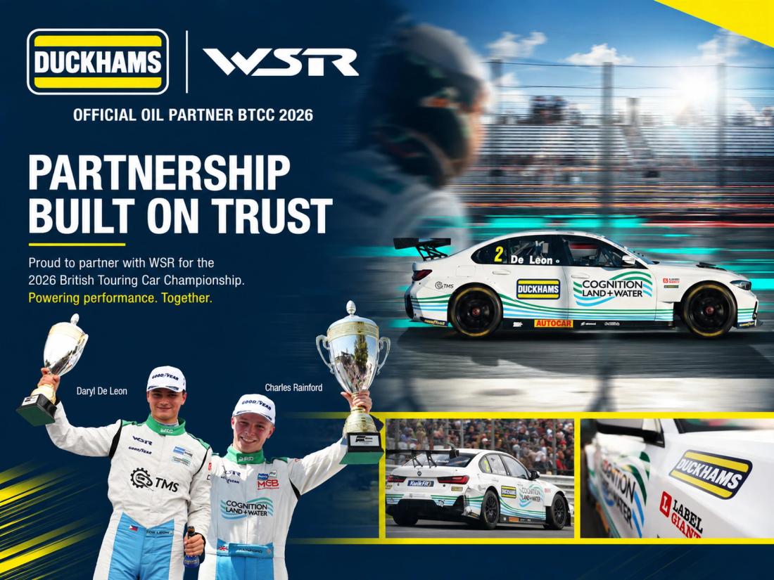 Duckhams and West Surrey Racing, official oil partner of the 2026 BTCC: Daryl De Leon and Charles Rainford with their trophies, and the number 2 BMW on track.