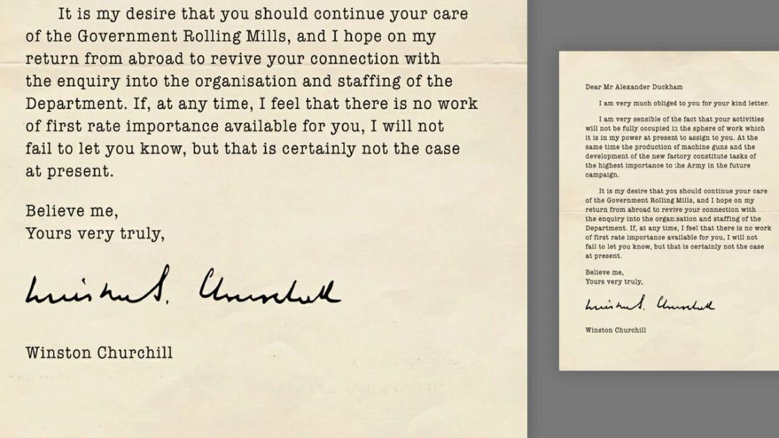 A typed letter signed by Winston Churchill, shown as a close-up beside the full page.