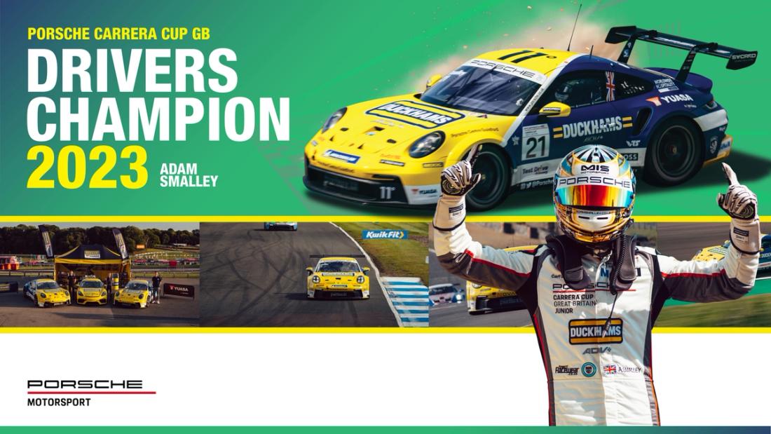 A Porsche Carrera Cup Great Britain graphic naming Adam Smalley as 2023 Drivers Champion.