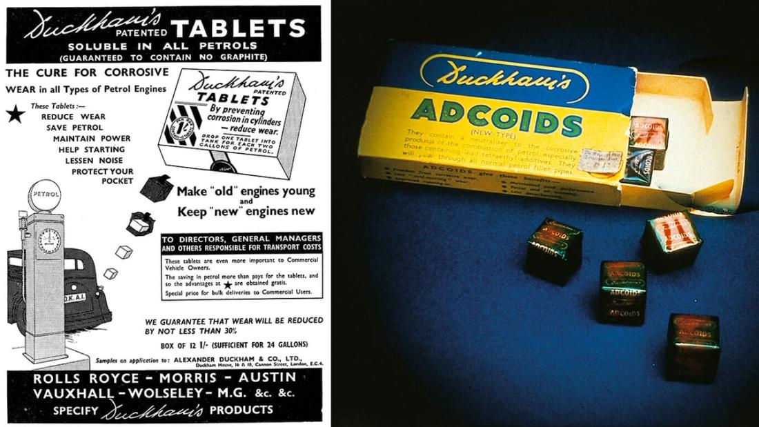 A period advertisement for Duckham's Adcoids tablets beside a yellow and blue Adcoids packet with loose tablets.