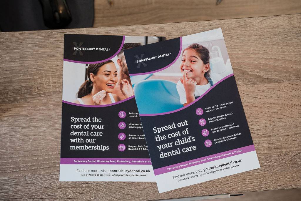 Pontesbury Dental membership plan brochures highlighting affordable dental care options for adults and children at a modern dental practice.