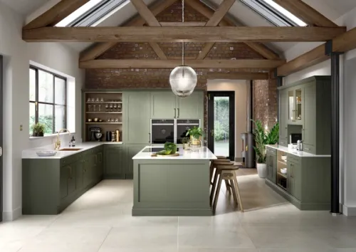 CGI render of a traditional green kitchen with Arctic white countertops