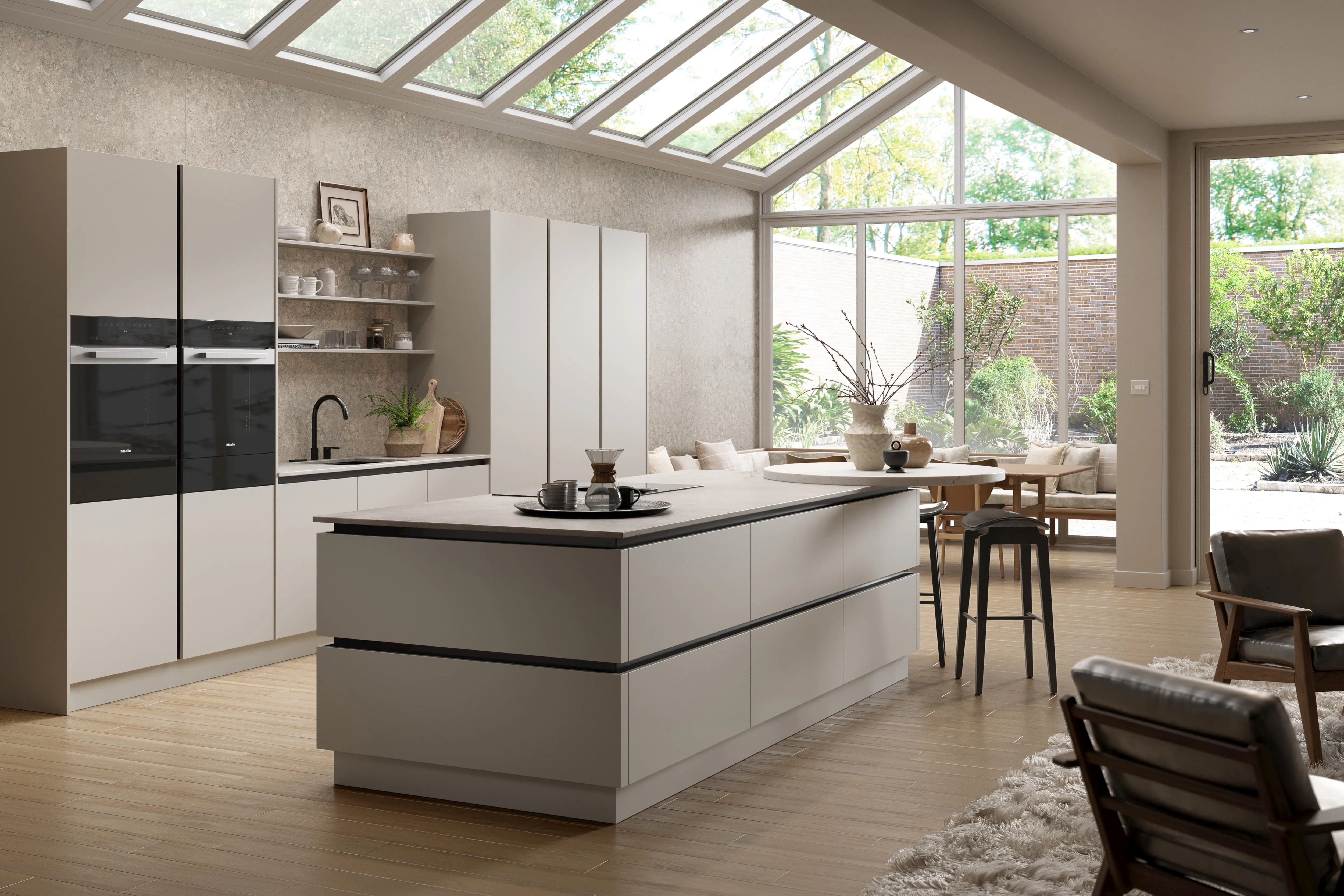 A modern spacious CGI kitchen interior with a strong connection to the outdoors