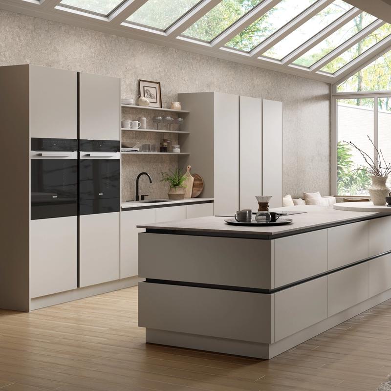 A modern spacious CGI kitchen interior with a strong connection to the outdoors