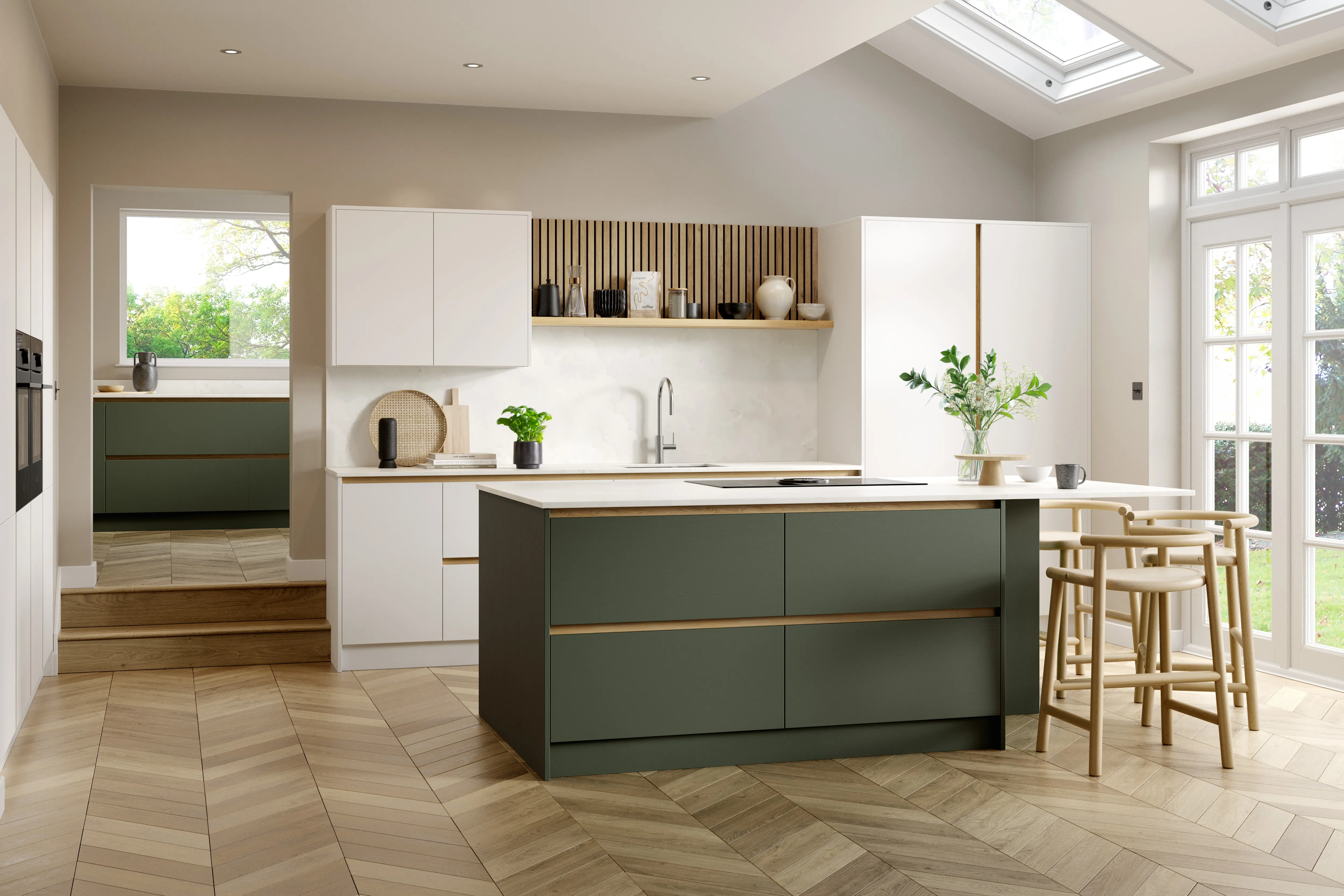 White and moss green Scandi inspired kitchen CGI