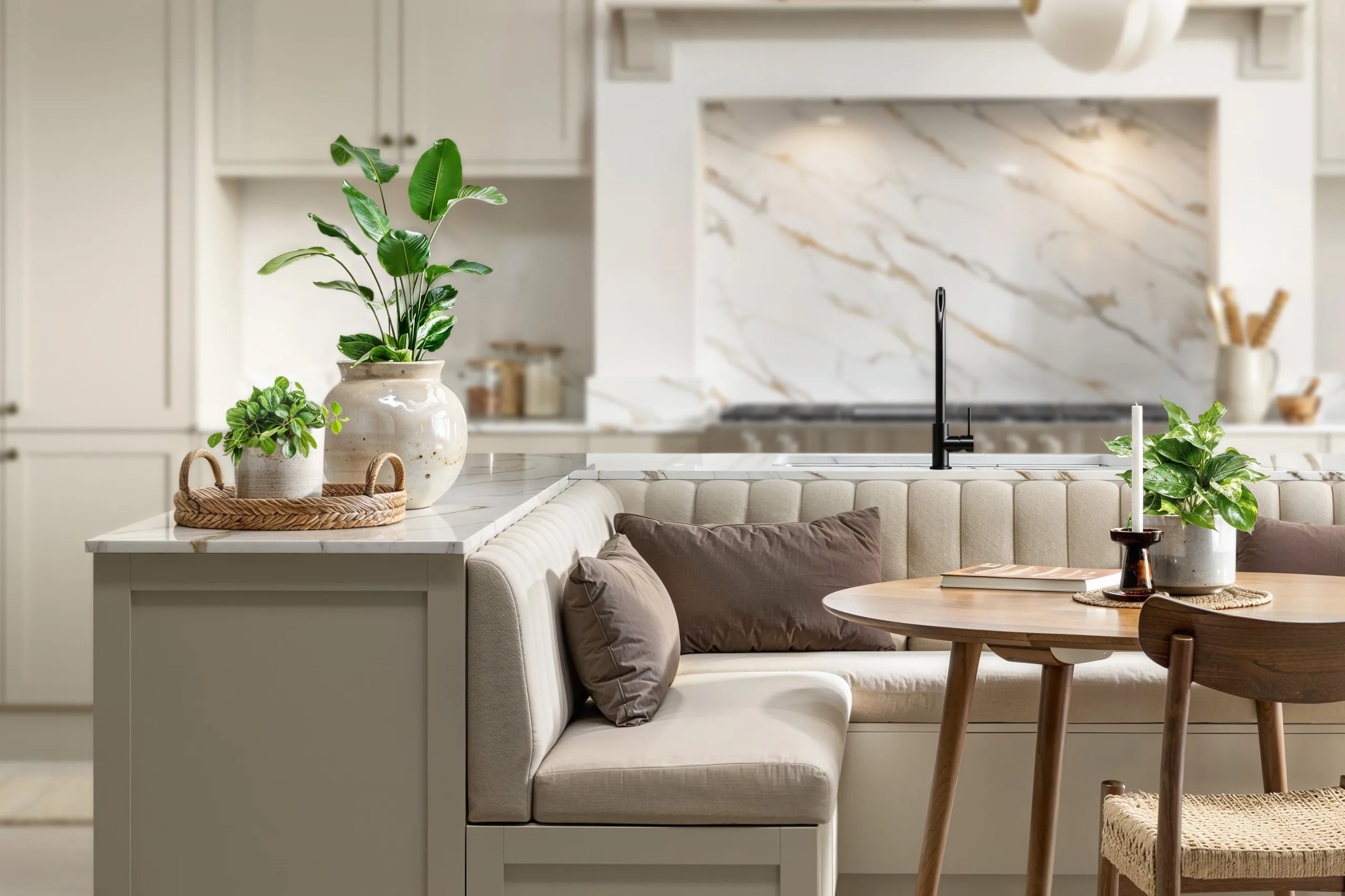 3D render displaying the banquette seating area of an island kitchen. Monarch limestone shaker kitchen cabinetry with solid surface countertops.