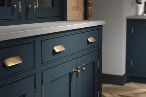 Navy deep blue painted kitchen CGI with brass handles